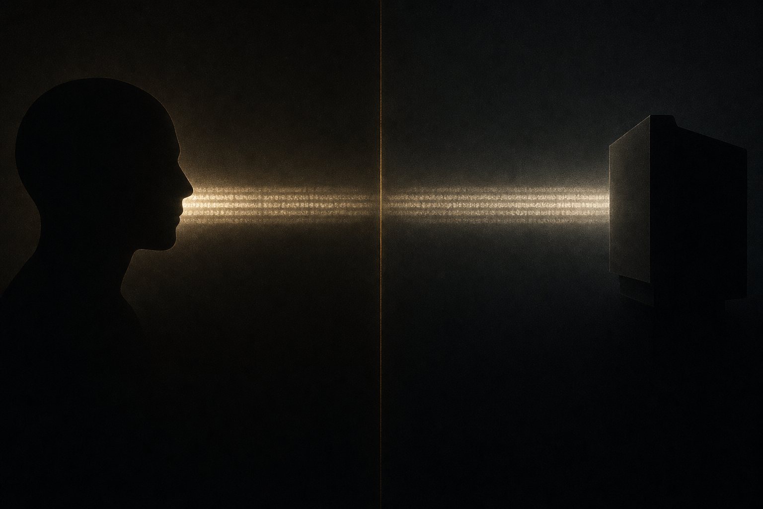 A human silhouette facing a glowing monitor, a band of light-text passing between them.