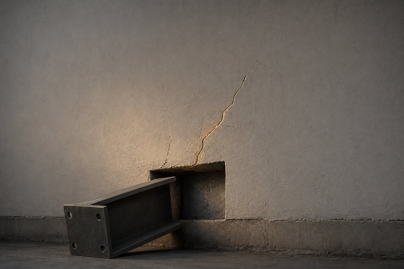 A steel I-beam pulled out from a wall, a crack spreading up the plaster above the gap.