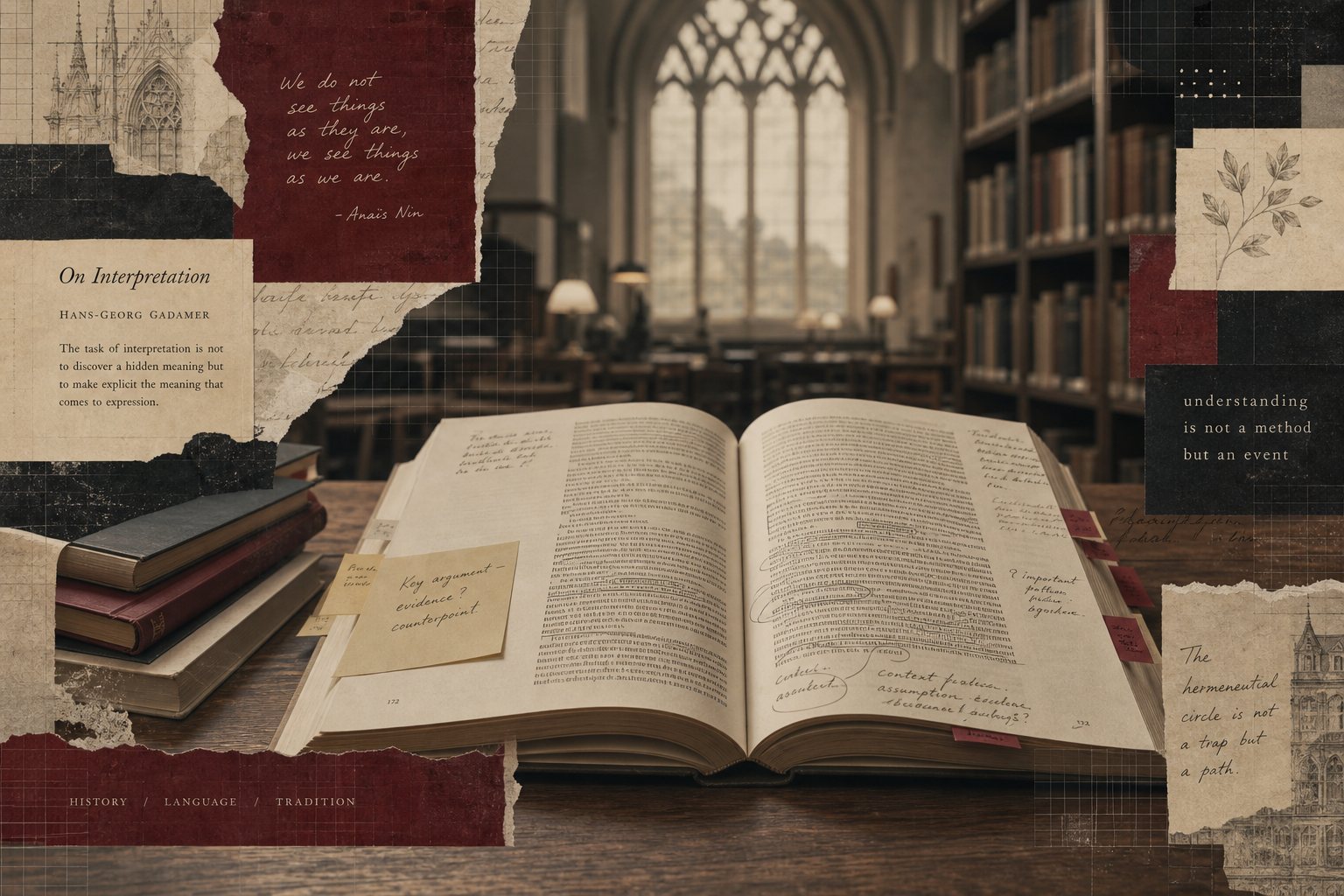 An open book on a library table amid torn-paper notes and a quotation on interpretation.